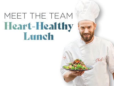 A smiling chef in a white uniform and hat holds a plate of salad. Text beside him reads,