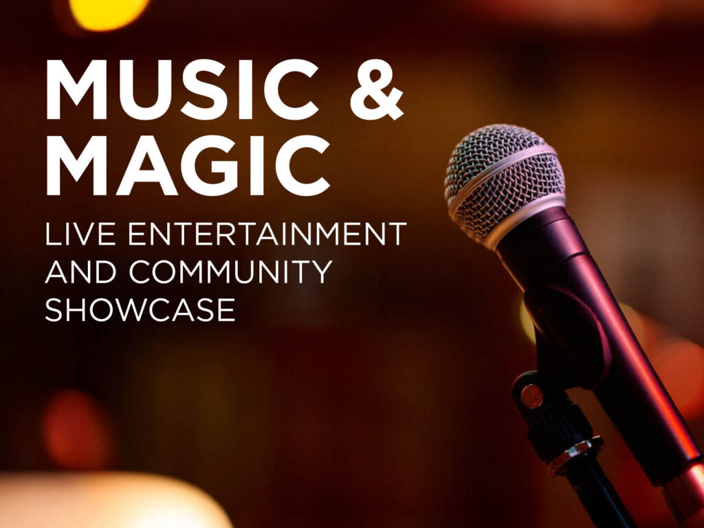 A microphone on a stand with a blurred, colorful background. White text reads: