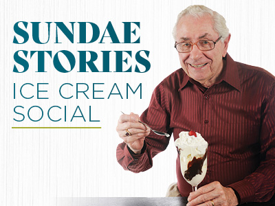 An older man in a maroon shirt smiles while holding a spoon and an ice cream sundae. Next to him, large text reads: 