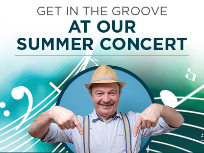 Smiling man in a straw hat and suspenders pointing downwards, with musical notes and 