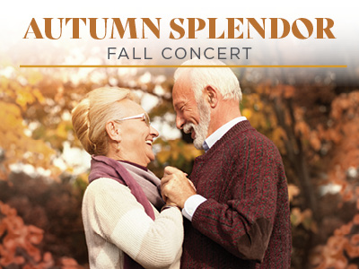 An older couple smiles and dances together outdoors amid autumn foliage at an Assisted Living community. Text above them reads “Autumn Splendor Fall Concert.”.