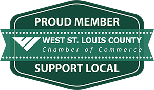 Green badge with text: "Proud Member, West St. Louis County Chamber of Commerce, Support Local," featuring a white checkmark logo on the left—perfect for businesses like Senior Living in Chesterfield, MO.