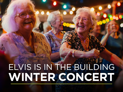 A group of elderly people joyfully dancing at a winter concert, with colorful lights in the background. The foreground features a woman in glasses smiling and clapping. The text reads 