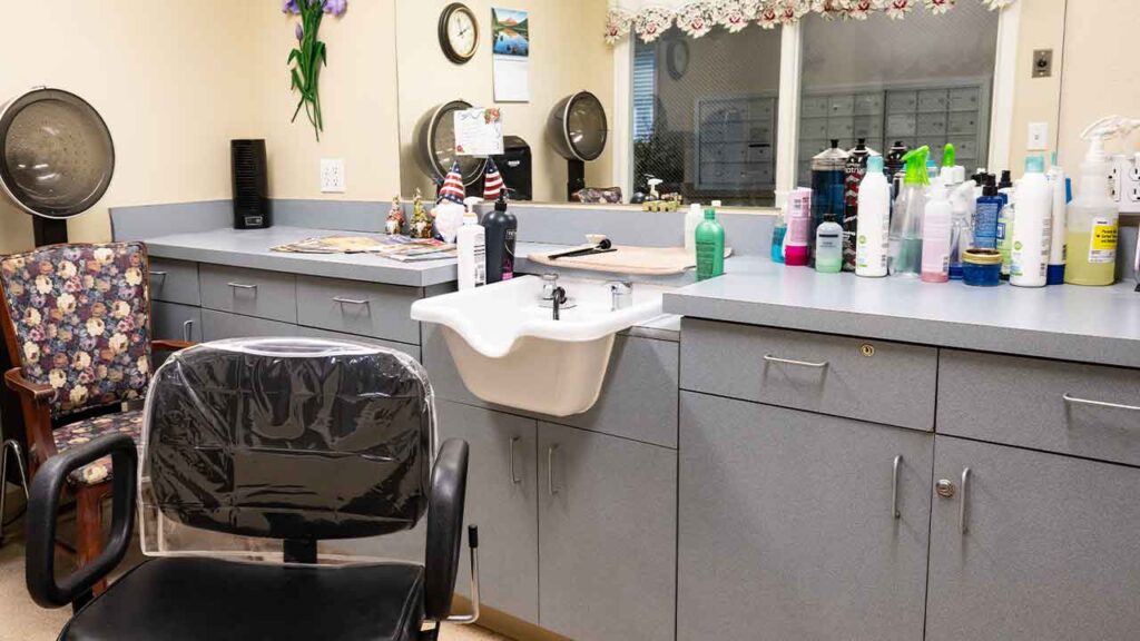 A tidy hair salon workstation with a black chair wrapped in plastic, a white sink, and numerous hair products on a gray counter. A large wall mirror reflects the opposite side of the room adorned with flower decorations and pictures. A floral armchair is to the left.