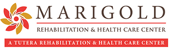 Logo for Marigold Rehabilitation & Health Care Center featuring a stylized marigold flower on the left and the center's name in bold text, with a red banner stating 