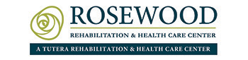 Logo for Rosewood Rehabilitation & Health Care Center, featuring a stylized rose design in green. Below, the text reads: 