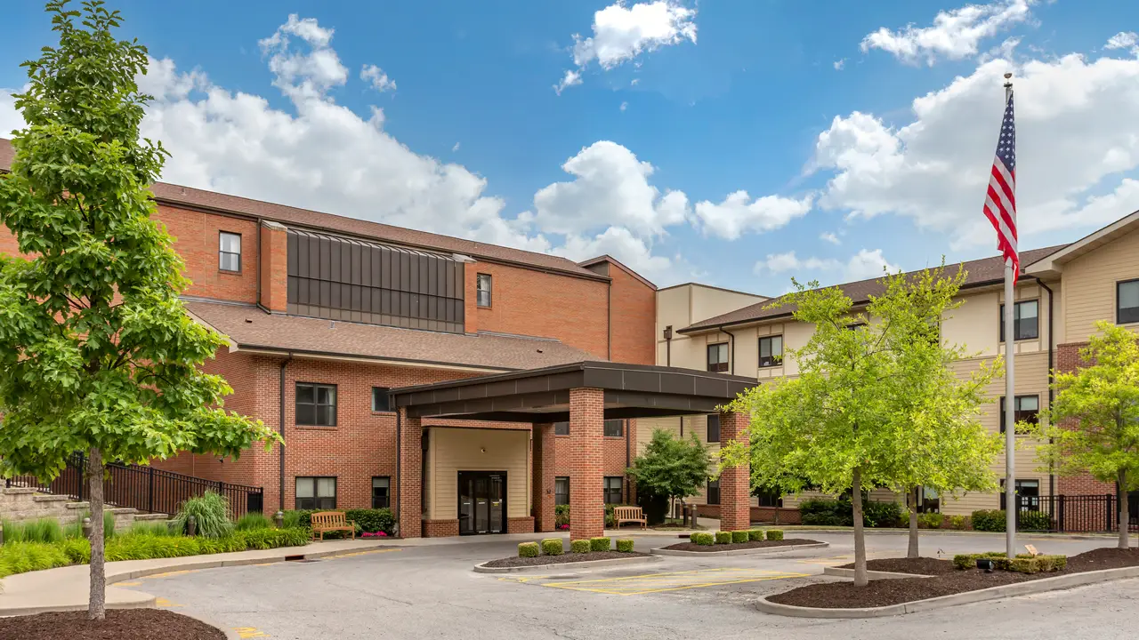 Two-story brick building with a covered entrance at St. Paul’s Rehabilitation & Health Care in Belleville, IL, St. Clair County.