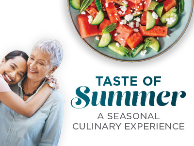 A young woman hugs an older woman, both smiling, next to a plate of watermelon and cucumber salad. Text reads: "Taste of Summer: A Seasonal Culinary Experience.