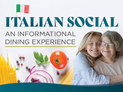 Two older women hug and smile in front of food ingredients, with a text overlay that reads: