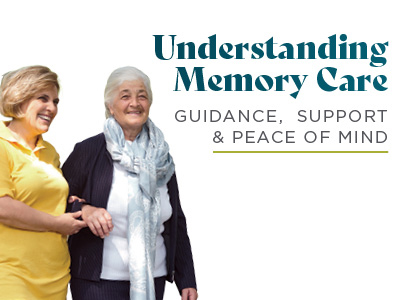 A caregiver smiles while walking arm-in-arm with an elderly woman. The text reads