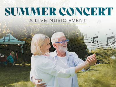 An older couple dances outside at a summer concert event hosted by a Senior Living Community, with musical notes and a tent in the background. Text reads