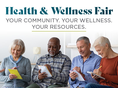 Four older adults sit in a row, smiling and writing in notebooks. Text above them reads: “Health & Wellness Fair. Your community. Your wellness. Your resources.” Experience connection and vitality at this Senior Living Community event designed to support your health and well-being.