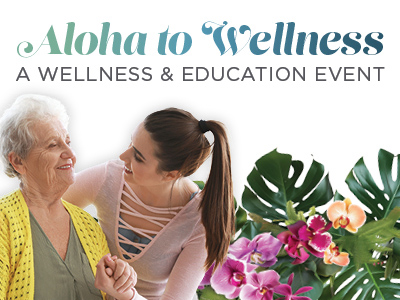 A young woman smiles and holds hands with an elderly woman, both appearing happy. The background features tropical leaves and pink orchids, highlighting
