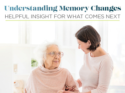 A younger woman smiles and supports an older woman with gray hair and glasses. Text above reads: