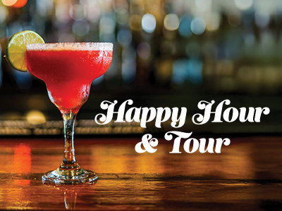 A red margarita with a lime garnish sits on a bar counter, with text overlay reading “Happy Hour & Tour.”
