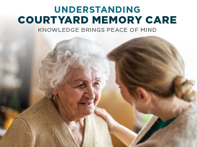 A caregiver gently touches the shoulder of an elderly woman with white hair, both smiling. Text above reads, “Understanding Courtyard Memory Care—Knowledge brings peace of mind.”.