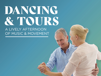 An older man and woman smile while dancing together. The background has a blue and green gradient, with text reading