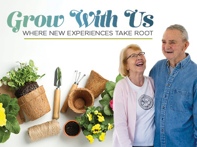 Smiling older couple stands beside gardening tools, flower pots, and yellow flowers. Text above reads:
