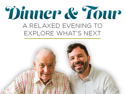 Two smiling men, one older and one younger, sit together in front of text that reads: “Dinner & Tour. A relaxed evening to explore what’s next.”.