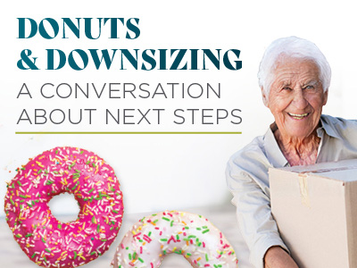 Smiling older man holding a cardboard box, with two sprinkled donuts in front. Text reads: