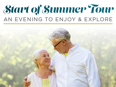 An older couple stands outdoors, smiling at each other. The text above them reads,