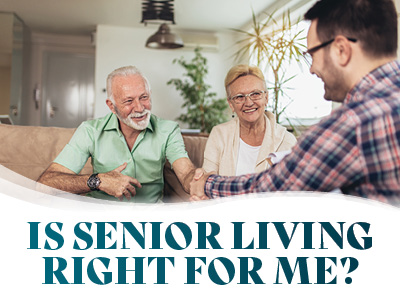 Smiling senior couple sitting on a couch shakes hands with a younger man. Text below reads, “Is assisted living in Prairie Village, KS right for me?”.