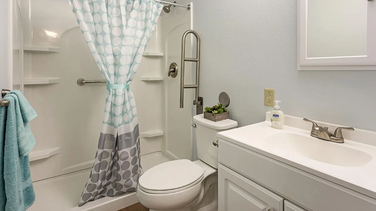 Windsor Estates bathroom with walk in shower with grab bars and white cabinets