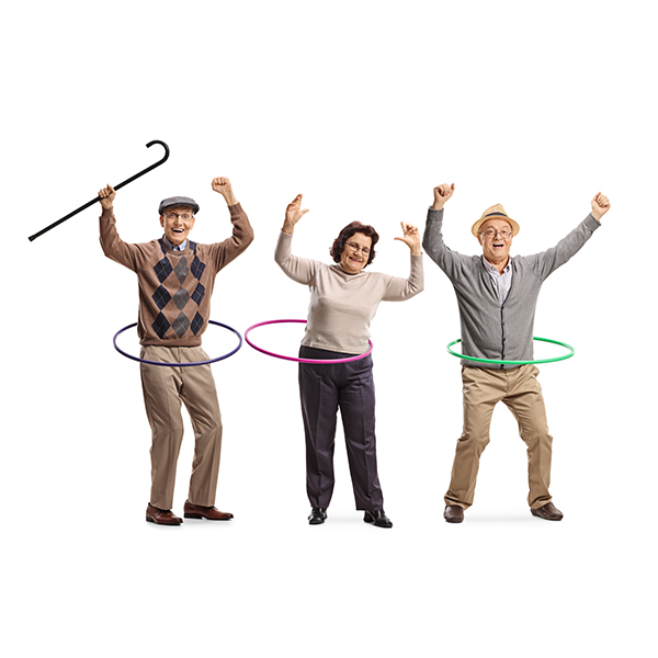 Seniors playing with a hola hoop, one holding up his cane