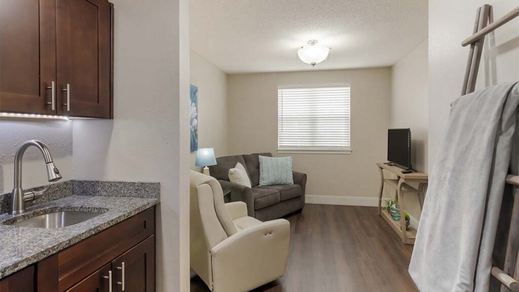 A small living area is seen with a gray sofa and a white armchair facing a television on a light-colored wooden stand. To the left, there is a glimpse of a kitchen sink with granite countertops and dark wood cabinets. The room has hardwood floors and neutral-colored walls.