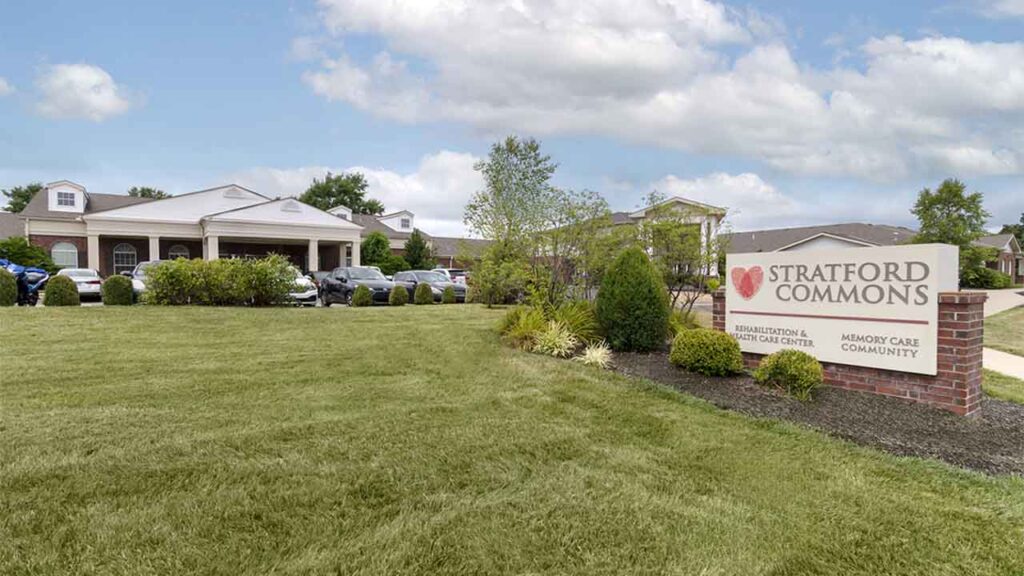 Specialized memory care wing with secure landscaped gardens at Stratford Commons Memory Care in Overland Park, KS, Johnson County.