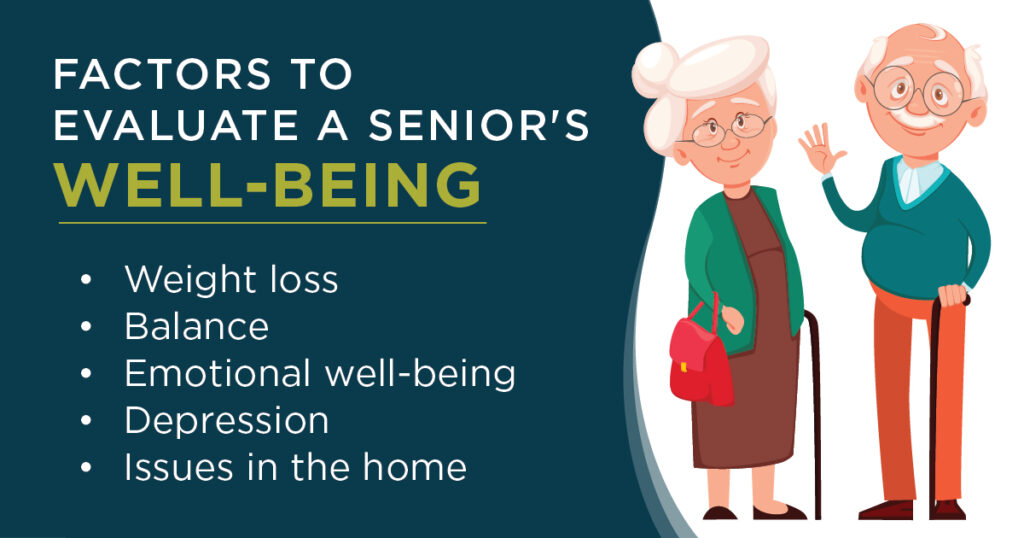 Factors to evaluate a senior's well-being graphic with cartoon seniors