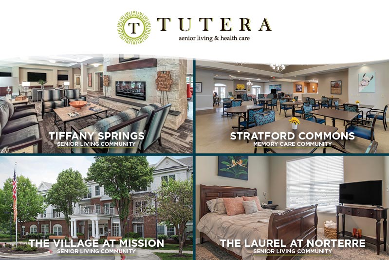 A promotional image for Tutera Senior Living & Health Care featuring logos and four photos of different communities: Tiffany Springs, Stratford Commons, The Village at Mission, and The Laurel at Norterre.