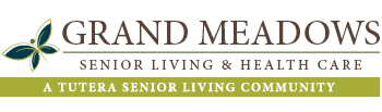 Logo with text "GRAND MEADOWS SENIOR LIVING & HEALTH CARE - A TUTERA SENIOR LIVING COMMUNITY." A green and white stylized leaf icon is on the left side.