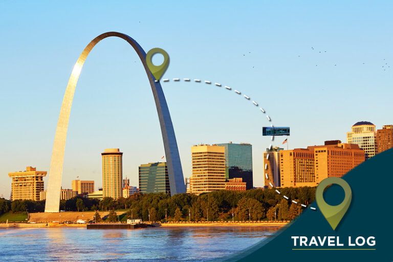 The image features the Gateway Arch in St. Louis with a dotted travel line and location pins leading to a cityscape.