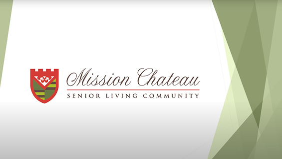 Logo for Mission Chateau Senior Living Community with a red crest on the left and green geometric shapes on the right.