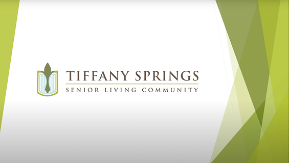 Green geometric shapes frame the image, with the text "Tiffany Springs Senior Living Community" in the center. The text is accompanied by a stylized leaf and book logo.