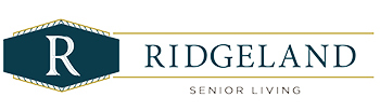 Logo of Ridgeland Senior Living featuring a dark hexagon with a white letter 