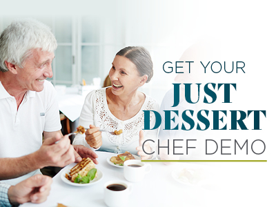Three older adults smiling and eating dessert together at a table, with coffee cups and plates in front of them. Text on the image reads: 