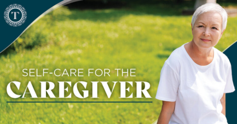 An older adult with short, gray hair sits on grass wearing a white T-shirt. Text reads "Self-Care for the Caregiver" with a circular logo in the top left corner. The background is a sunny garden or park.