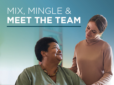 Two women smiling at each other. One woman, seated and wearing a green top, looks up at the other, who stands beside her in a tan sweater. Text above them reads: