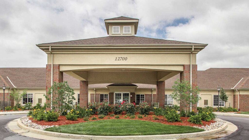 Modern single-story assisted living facility and gardens at Antioch Valley Senior Living in Overland Park, KS, Johnson County.
