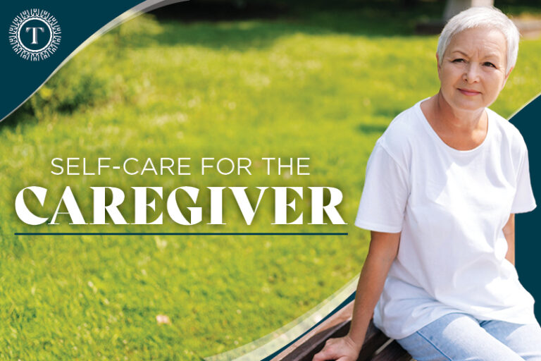 An older adult with short white hair sits on a bench in a grassy area, wearing a white shirt and jeans. The text reads "Self-Care for the Caregiver" next to the person.