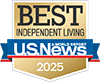A gold and blue badge reads “Best Independent Living U.S. News & World Report 2025,” representing recognition or an award for top independent living options in 2025.