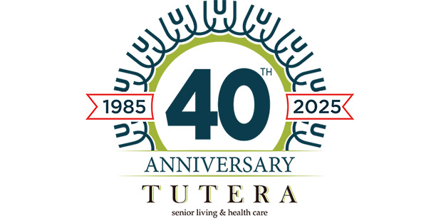 Anniversary logo with "40th" in large numbers, "1985" and "2025" on red banners, and text reading "Anniversary Tutera senior living & health care." Stylized design appears above and behind the text to celebrate 40 years in senior living.