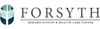 Logo for Forsyth Rehabilitation & Health Care Center featuring a geometric leaf design in shades of green on the left and the center’s name in large, brown letters to the right.