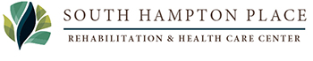 Logo for South Hampton Place Rehabilitation & Health Care Center, featuring stylized green, blue, and beige leaves on the left, with the center’s name in large capital letters to the right.