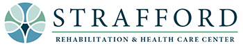 Logo for Strafford Rehabilitation & Health Care Center, featuring a circular abstract design in shades of blue and green to the left of the center’s name in large, bold lettering.