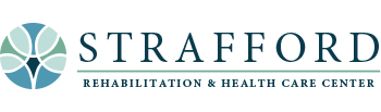 Logo for Strafford Rehabilitation & Health Care Center, featuring a circular abstract leaf design in shades of blue and green next to the center’s name in dark green capital letters.
