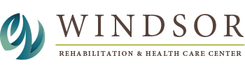 Logo for Windsor Rehabilitation & Health Care Center, featuring an abstract teal and blue circular design on the left and the center’s name in large text to the right, with a green line separating the sections.