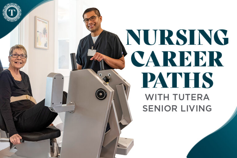 A senior woman uses a leg exercise machine while a smiling healthcare professional stands beside her. Text reads, “Nursing Career Paths with Tutera Senior Living.”.